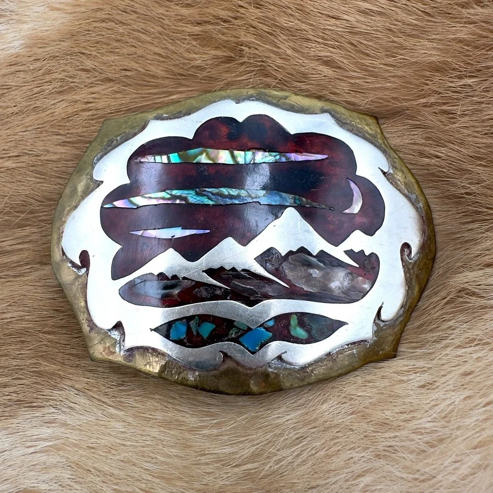 VTG Southwestern Mountain Landscape Turquoise Abalone Chip Inlay Belt Buckle